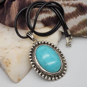 Boho Jewelry Classic Medallion Silver Turquoise Stone Pendant Black cord